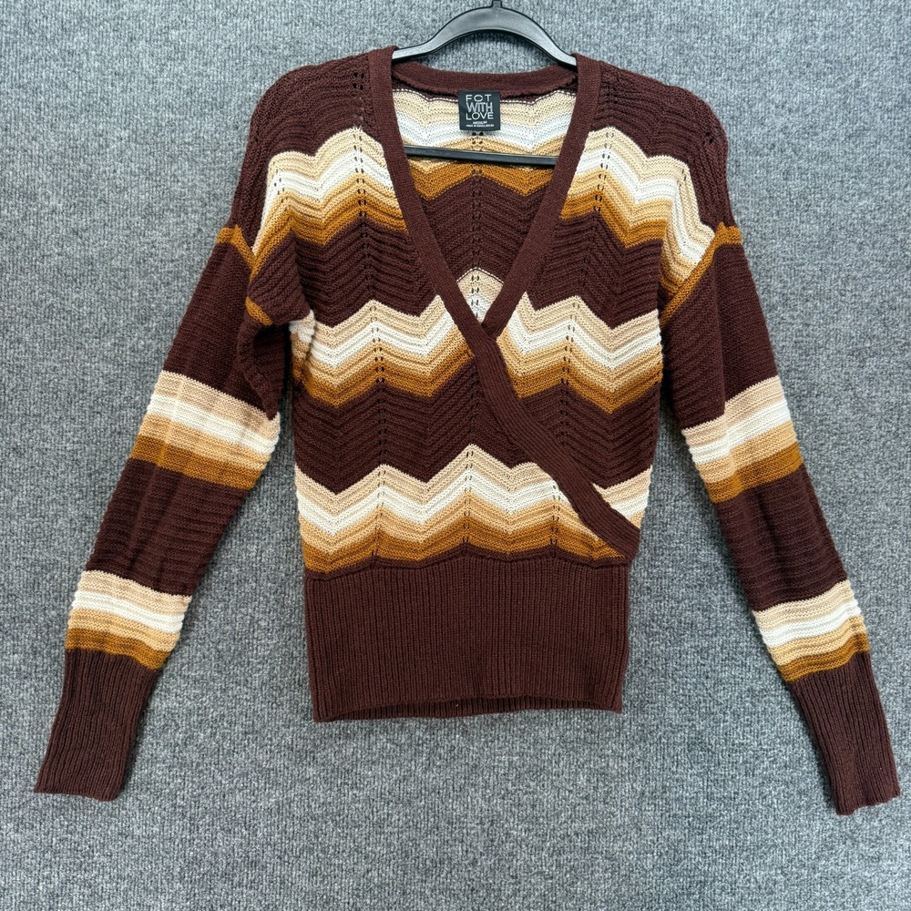 FCT with Love Sweater Womens M Brown Chevron Wrap Pullover 70s Retro Boho Hippie
